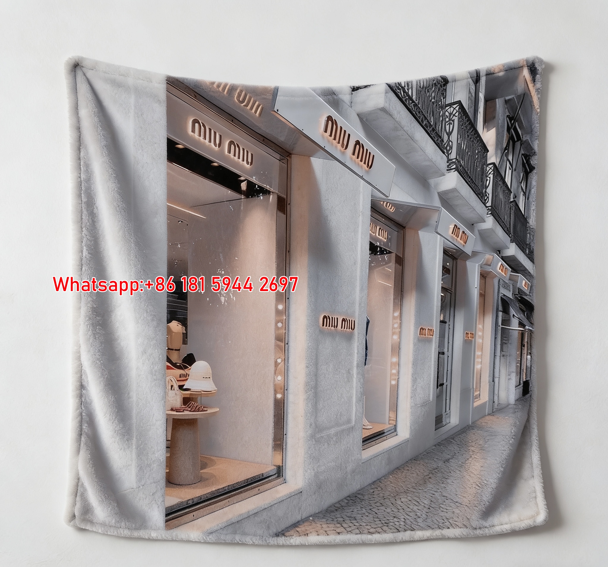 Miu Miu Light Grey & Warm Peach Street Store Print Flannel Sofa Throw Blanket IMG_0531